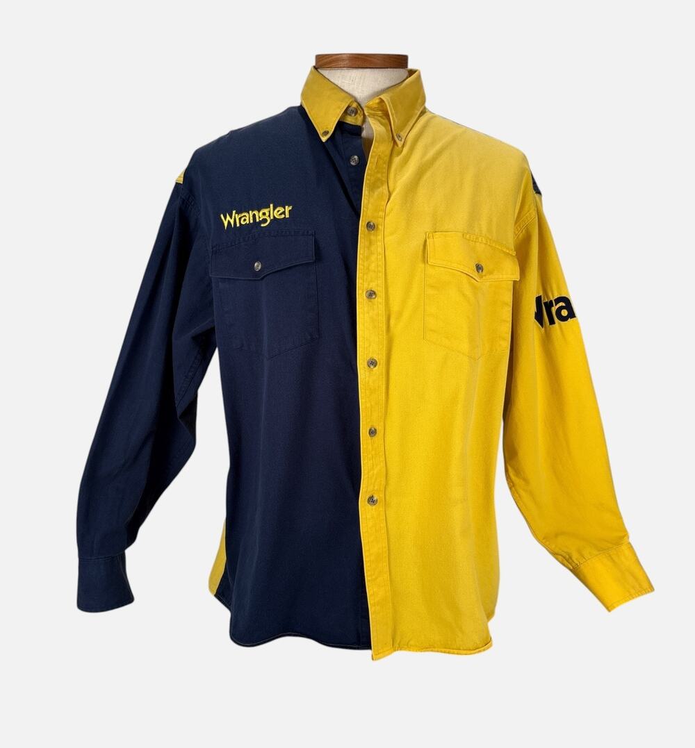 Wrangler Western Shirt Men’s XL Yellow Navy Colorblock Rodeo Cowboy Embroidered